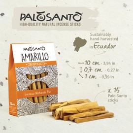 PALOSANTO - Palo Santo Sticks Amarillo - 15 Sticks - Fresh and Balsamic Aroma - Palo Santo Wood Wild Harvested & Sustainably Sourced in Ecuador - Natural Incense for purifying Energies