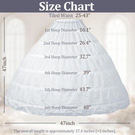 JIEJE Women Crinoline Petticoat 6 Hoop Skirt for Women Under Dress, Adjustable Petticoat Skirt, Crinoline Underskirt for Wedding Gown, Ball Gown, and Formal Dresses White