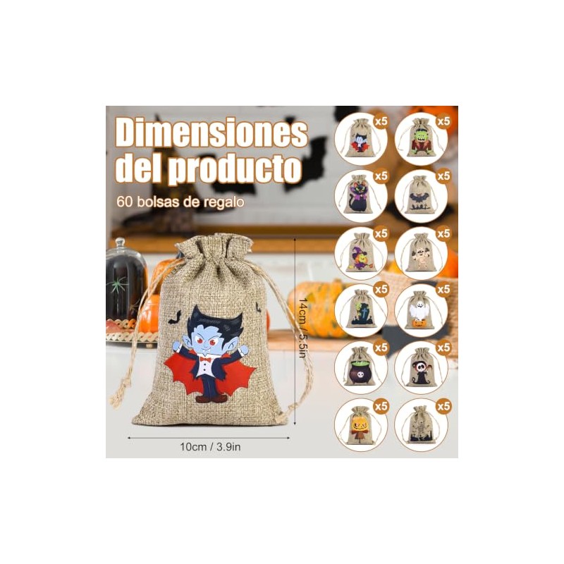 60 Bolsas de Regalo de Arpillera para Halloween con Cordón