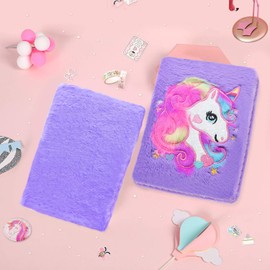 Cyiecw Plush Unicorn Notebook, Magic Diary for Girls Lovely Unicorn Fluffy Notebook 160 Pages for Writing and Drawing Birthday Christmas Gifts for Girls (purple)
