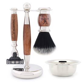 Jag Shaving Shaving Set - 4 Piece Shaving Brush Set - Synthetic Black with White Tip - 3 Blade Razor - Shaving Stand - Shaving Bowl - Men's Shaving Set