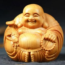 MYDILI Buddha Figurine, Hotei Buddha, Figurine, Wooden Sculpture, Mini Seven Lucky Gods, Wooden Cloth Bag Figurine, Money Luck, Luck Rising, Amulet (Cliff Kashiwagi)