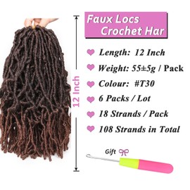 Samtress 12 Inch 6 Packs New Faux Locs Crochet Hair Soft Locs Ombre Brown Pre-looped Goddess Locs Crochet Braids for Women Curly Faux Locs Braiding Hair Extension (#T30)