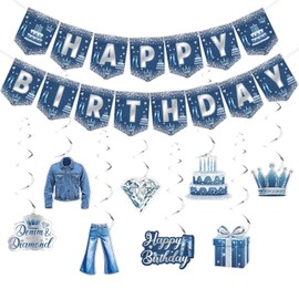 kreat4joy Denim and Diamonds Birthday Party Decoration, Denim and Diamonds Happy Birthday Banner Jacket Jean Themed Hanging Swirl for Girl Woman 18th 21st 20th 30th Party Decoration