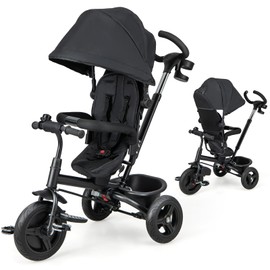 HONEY JOY Tricycle, 6 in 1 Kids Trike Stroller w/Adjustable Push Handle & Canopy, Reversible Seat, Safety Belt, Folding Pedal, Cup Holder, Storage, Push Tricycle for Toddlers 9 Months-5 Years (Black)