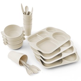 SHECIPIN 24 Pcs Wheat Straw Dinnerware Cutlery Set, Unbreakable Tableware Set, wheat straw dinnerware sets, Bowls, Cup, Cutlery Spoons Knifes Forks, BPA Free, Microwave Dishwasher Safe (Beige)