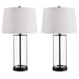 Signature Design by Ashley Wilmburgh Modern 26" Glass and Metal Table Lamp with USB Ports, Set of 2, Metallic & Glass