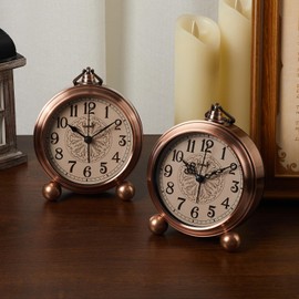 FLOITTUY 4.5" Battery Operated Antique Retro Analog Metal Alarm Clock, Silent Bedside Desk Clock, Wall-Hanging Vintage Clock(Exquisite Bronze)