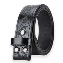 Mens Leather Belt Strap Without Buckle Vintage Replacement Leather Belt Strap with Snap on Buckle Width Western Belt Strap for Men without Buckle 1.5" Wide Floral Engraved Embossed Leather Belt Strap