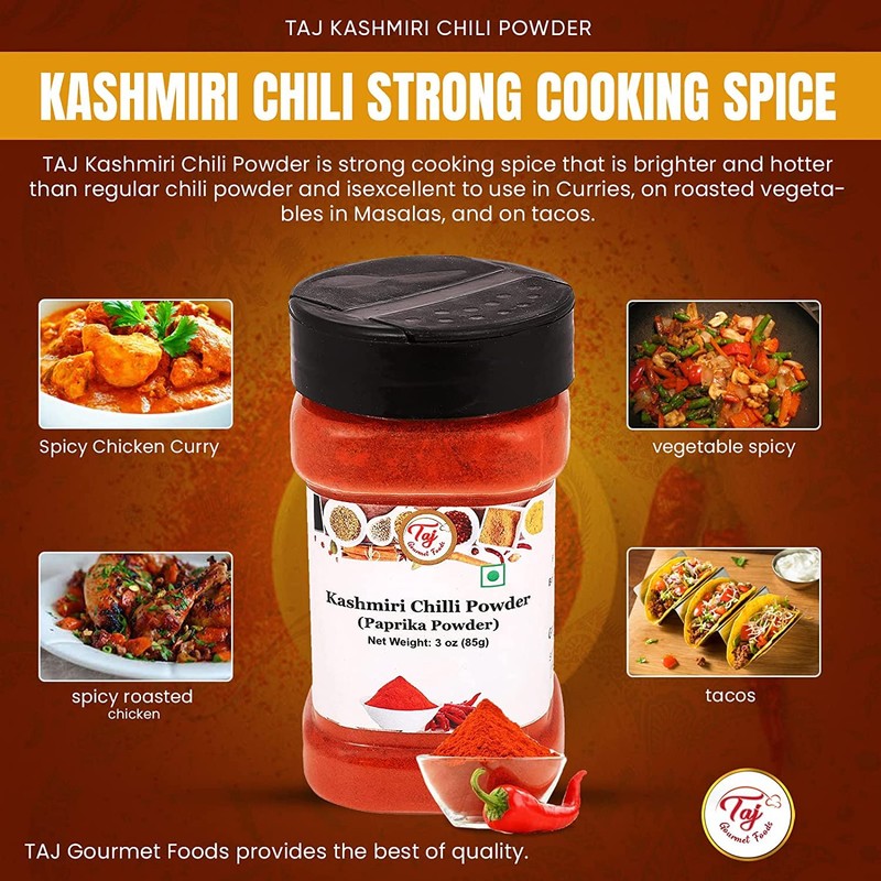 TAJ Premium Indian Kashmiri Chilly Powder, (Deggi Mirch, Lal Mirch),