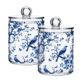 GOODOLD Blue White Porcelain Qtip Holder 2 Pack - 10 Oz Clear Plastic Apothecary Jar Set for Bathroom Organization - Versatile Canister Storage for Cotton Balls, Swabs, Rounds