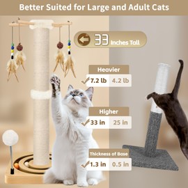Tall Cat Scratching Post, 33 Inches, Sisal, Interactive Furniture Toys for Indoor Cats Adults, 2 Mounting Methods Large Scratcher Tree Tower with Hanging and Ball Track, Activity Center for All Ages