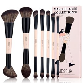 Jessup Brochas de Maquillaje Doble Punta,7pcs Pinceles Maquillaje de Doble Cara para Base,Difuminado,Rubor,Sombra de ojos,Contorno y Polvos Faciales Brochas Maquillaje Ojos Peach Dust T600