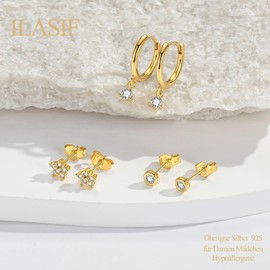 Earrings Gold Earrings Silver 925, 3 Pairs Stud Earrings Silver 925 14K Gold-Plated Earrings Studs for Multiple Piercings Tragus Sleeping, Hypoallergenic Earrings Set for Women Girls, Gold-plated,