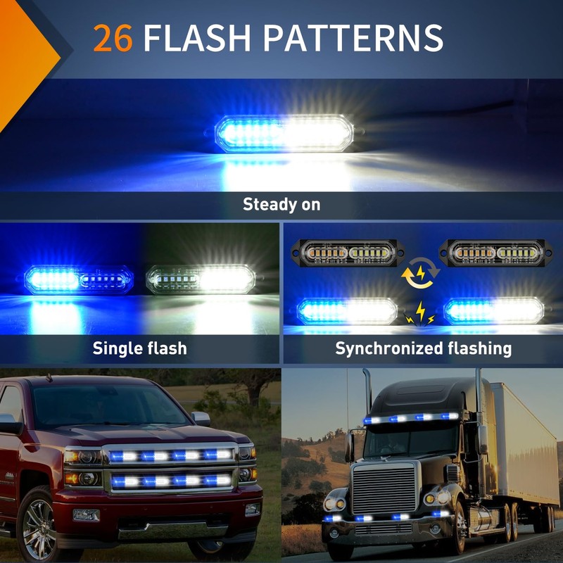 Nilight 8PCS Led Strobe Lights 12LED Blue White Emergency Light