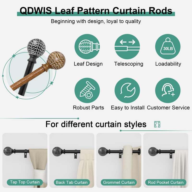 QDWIS Black Curtain Rods for Windows 72 to 144 Inch,1''