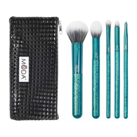 Royal & Langnickel MODA Full Size Crackle 6pc Makeup Brush Set with Pouch Includes - Multi-Purpose Powder, Contour, Eye Shader, Smoky Eye, and Angle Liner, Emerald