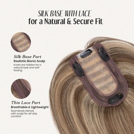 MY-LADY Hair Topper for Women Human Hair Loss Thin 7 * 13CM Silk Base with Lace Clip in Real Remy Hairpieces 150% Density Straight 14 Inch Medium Brown & Dark Blonde