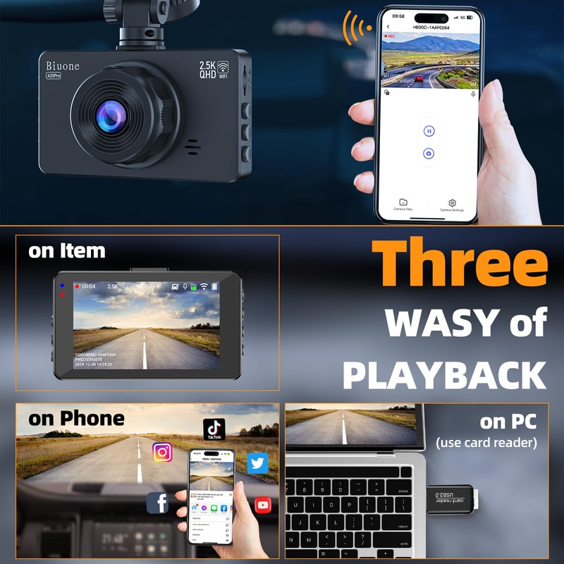 Dash Cam Front and Rear Camera, WiFi Dash Camera for