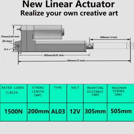 AWINLI 8 "Stroke Linear Actuator 12V Heavy-Duty 660Lbs (1500N) Speed 5mm/s Waterproof IP54 Electric Actuator with Reverse Polarity Control Switch,Suitable for RV,Automotive,Industrial (200mm)