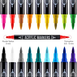 Zenacolor 18 Acrylic Pens for Stones Waterproof with Double Tip (Fine Tip and Brush) - Acrylic Pens Various Surfaces - Multimarker Acrylic
