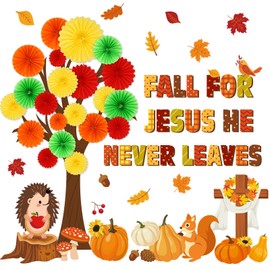 Gersoniel 81 Pcs Fall for Jesus He Never Leaves Bulletin Board Set Fall Tree Classroom Wall Decoration Religious Church Cross Decor 3D DIY Paper Fans Autumn Maple Leaves Pumpkin Thanksgiving Cutouts