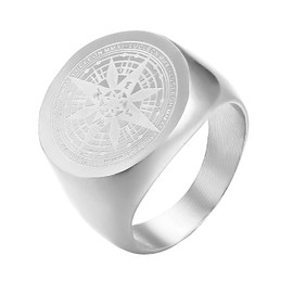 JewelryWe Mens Signet Ring Retro Flat Top Compass Signet Rings Bands,Silver Z+1