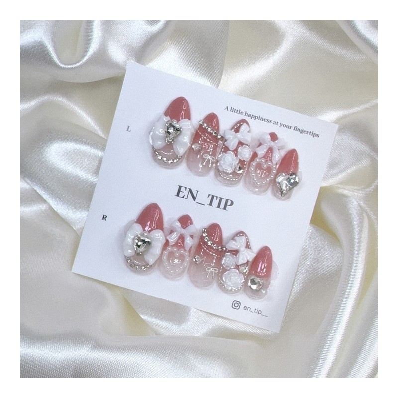 Peach Garden Ribbon Handmade Nail Tips - Short Coffin /