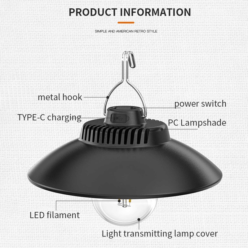 LED Portable Camping Light Typc-C Rechargeable IPX4 Waterproof Hanging Tent