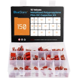 BlueStars 15-Value Metallized Polypropylene Film DC CBB22 Capacitor 400V/0.01uF ~ 0.56uF 630V/ 0.001uF ~ 0.068uF Assortment Kit, Film Capacitor Kit, 15 Values with 150 Pieces