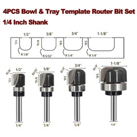 SICWOOD 4PCS Bowl & Tray Template Router Bit Set 1/4 Inch Shank, Cove Juice Groove Router Bit, Carbide Tipped Circle Round Nose Cutting, Ideal for Making Wood Bowls, Trays, Boxes, Board Troughs