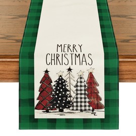 Artoid Mode Watercolor Green and Black Buffalo Plaid Christmas Trees Merry Xmas Table Runner, Seasonal Winter Holiday Kitchen Dining Table Decoration for Indoor Outdoor Home Party Decor 13 x 90 Inch