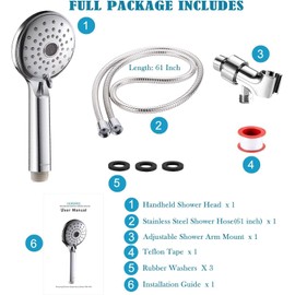 Enhanced Shower Experience Hopopro High Pressure Handheld Shower Head Set with 59 Inch Stainless Steel Hose Adjustable Overhead Bracket, Leak-Resistant Design, Bonus Teflon Tape, Rubber Washers