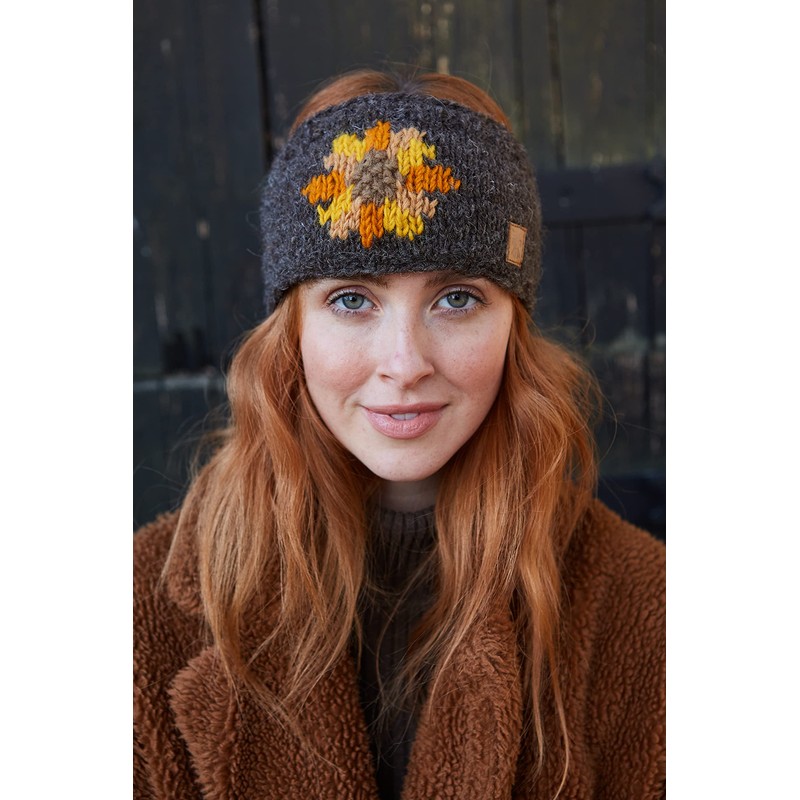 Pachamama Women Wool Ear Warmer Headband Fleece Lined Handknitted Sunflower