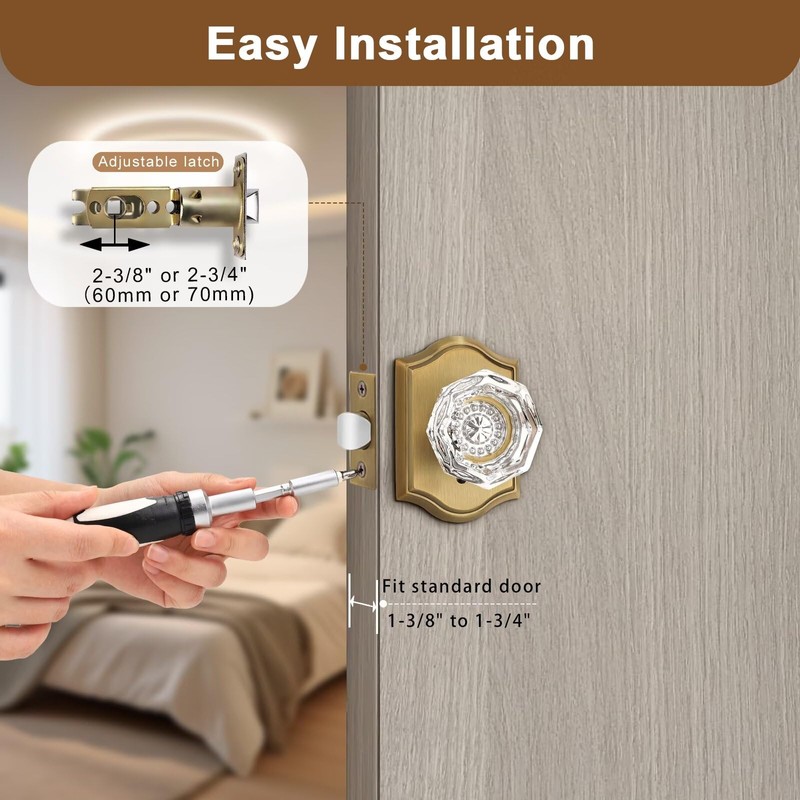 Gobrico Privacy Antique Brass Glass Door Knobs,Crystal Door Knobs with