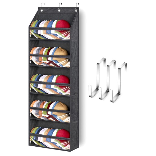 SLEEPING LAMB Over Door Hat Racks for Baseball Caps, Clear Deep Pockets Hat Organizer for Closet or Wall Hold 60 Hats Storage Holder With 3 Hooks Caps Display (Black)