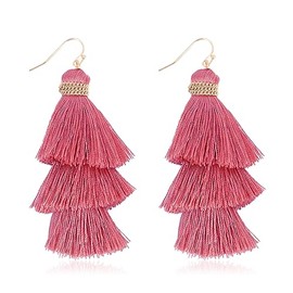 Bohemian Multi Tassel Statement Earrings - Lightweight Silky Tiered Layer Thread Fringe, Chandelier Duster Dangles Plaid, Snake Print Leather (Chain Wrap Tiered Tassel - Mauve)