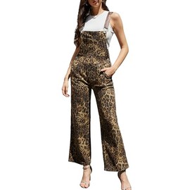 Odefou Leopard Print Overalls for Women Loose Fit Bib Coveralls Fashion Animal Jumpsuits Straight Leg Pants(Brown Leopard,S)