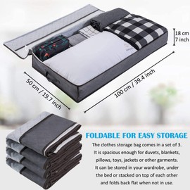 Underbed Storage Bag, 3 Pack Foldable Large Capacity Storage Non-Woven Bags, Storage Bags with Clear Window Reinforced Handles Zippered (Grey)