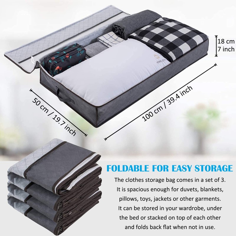 Underbed Storage Bag, 3 Pack Foldable Large Capacity Storage Non-Woven