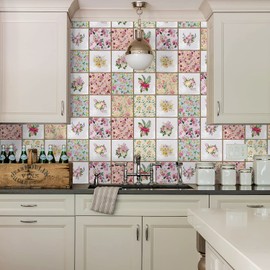 Alwayspon Vinyl Sticker Peel and Stick, Self-Adhesive Wall Tile Transfers Backsplash Sticker Decal for Kitchen Bathroom, 6x6inch/15x15cm 30Pcs, Floral Painting T038