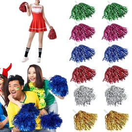 12 Pieces Cheerleader Pompoms Cheerleading Poms Sports Pompoms Cheers Ball Pompoms Used for Sports Events Dance Night Party Ball Games Carnival Parties (Gold, Silver, Blue, Pink, Green and Red)