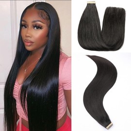 ShowJarlly Hair Extensions Straight Tape in Hair Extensions Human Hair 20PCS 40 Grams Natural Black Hair Extensions Tape Ins Human Hair Extensions 16 Inch Soft Skin Weft and Invisible Hair Extensions
