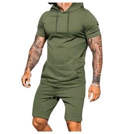 GORGLITTER Men's Summer Outfits 2 Piece Short Sleeve Hooded Tank Top Drawstring Waist Shorts Set Tracksuit 2025 Army Green X-Large