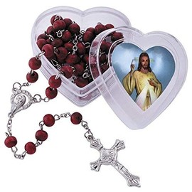 Autom Catholic Rosary with Case - 12 Rose Scented Wood Prayer Beads with Heart-Shaped Acrylic Box, 18.5", Divine Mercy