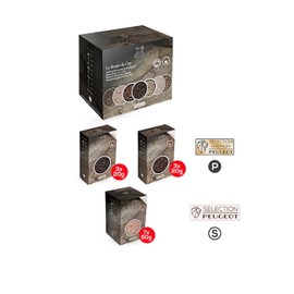 PEUGEOT Premium Pepper and Salt Set - Black Kampot Pepper, Wild Voatsiperifery Pepper, Pink Andean Salt - Fresh Bag - 2x60g and 7x50g