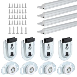 LASHOW Sliding Closet Door Hardware Kit with 48 inch Long Track– 4 Pack Bottom Rollers & 4 Pack Top Brackets, Ball Bearing Wheels, Smooth Glide for Closet & Wardrobe Doors, Easy Installation.