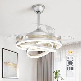 LEDIARY 42 Inch Retractable Ceiling Fan with Lights, Fandelier Ceiling Fan with 6 Speeds,3000K-6000K Adjustable,and DC Motor,Chandelier Ceiling Fans with Lights for Bedroom Living Room,Silver