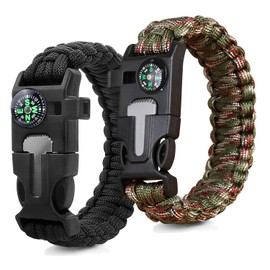 ZSMJAER Set of 2 Survival Bracelets, Multifunctional Paracord Bracelet, Survival Bracelet, Whistle, Flint, Compass, for Outdoor Activities (Black Brown)