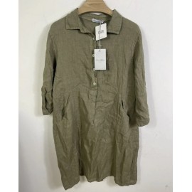 Elena Baldi sz M Medium 100% Linen Dress Womens Green Roll sleeve Italy Pockets